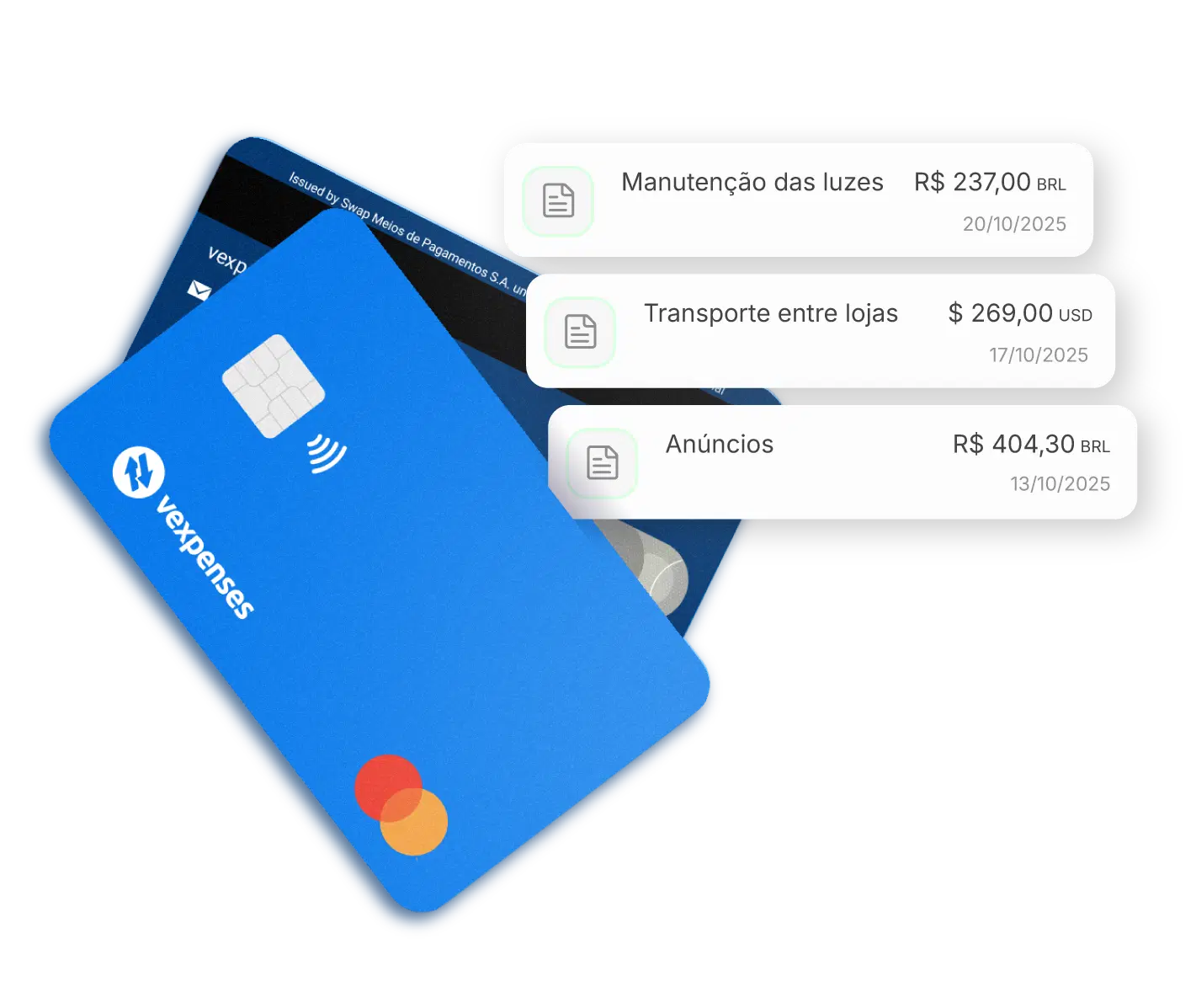 cartões VExpenses com 3 balões de informações sobre o app