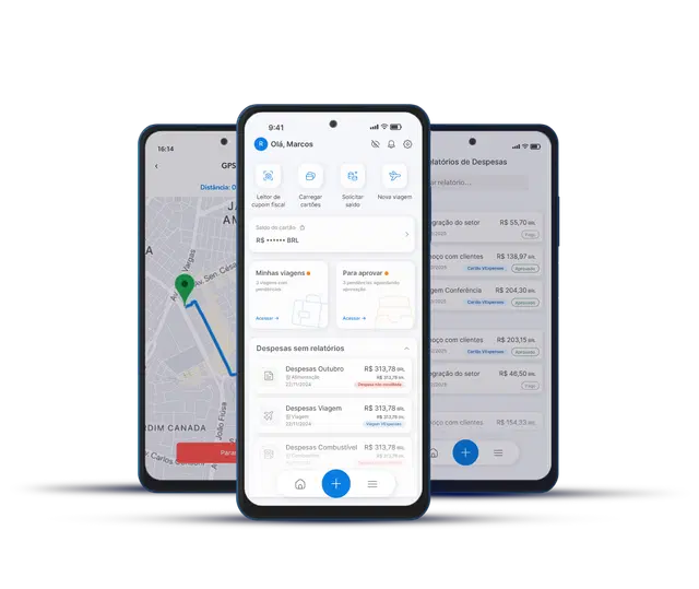 3 celulares com tela do app VExpenses