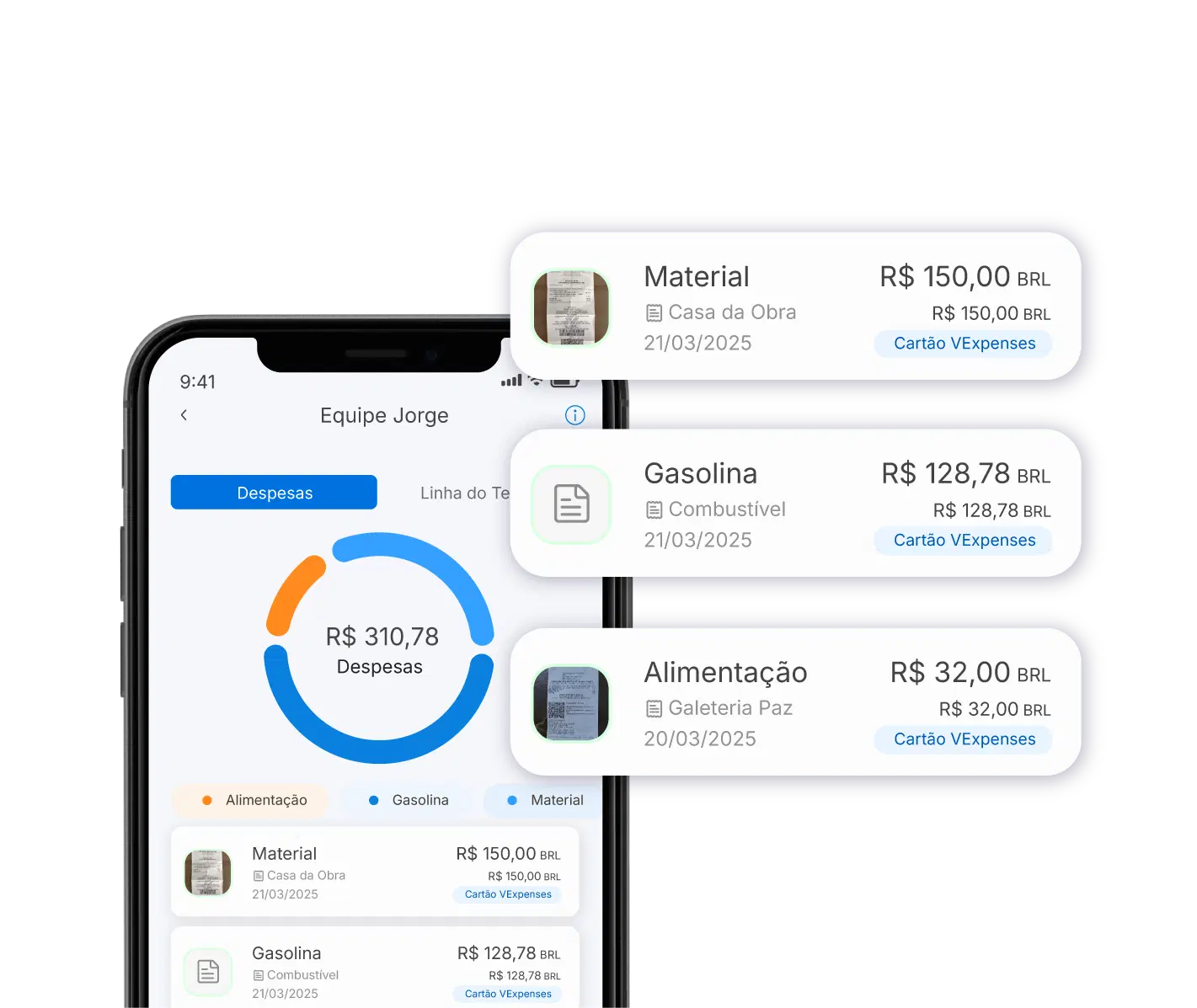 tela de celular com 3 balões de dialogo com o app VExpenses