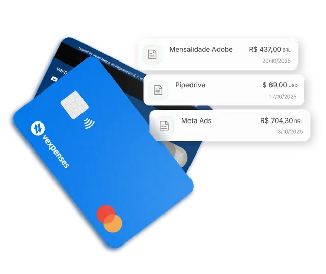 2 cards com 3 balões de informações sobre a solução VExpenses