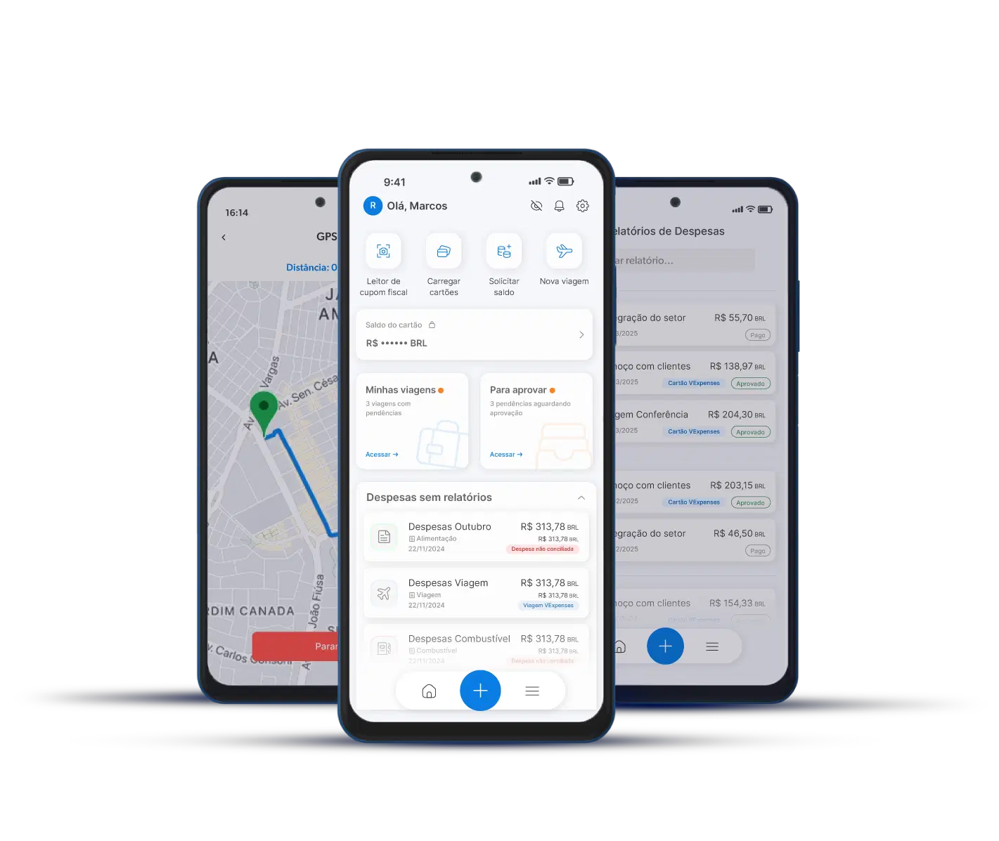 3 celulares com tela do app VExpenses