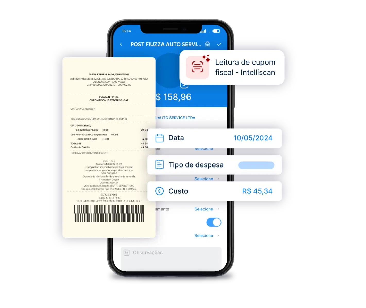 tela de celular com app VExpenses e nota fiscal