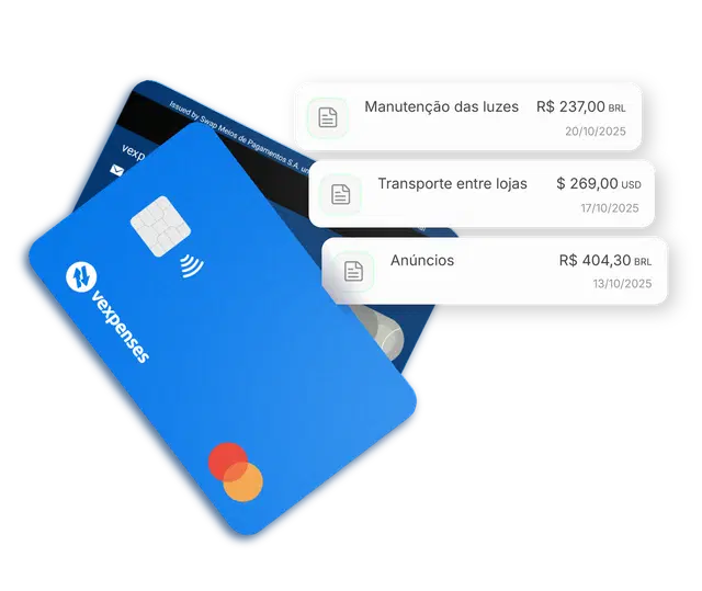 cartões VExpenses com 3 balões de informações sobre o app