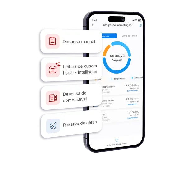 Tela de celular com app VExpenses e 4 balões de informações sobre o app