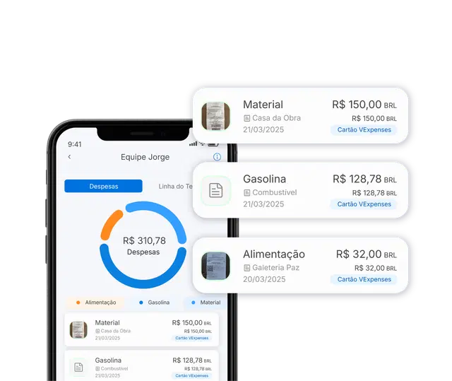 Tela de celular com app VExpenses e 3 balões de informações sobre o app