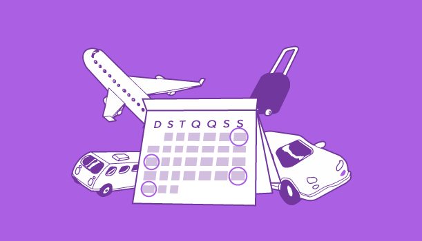 ilustração com calendário, avião, mala de viagem, ônibus